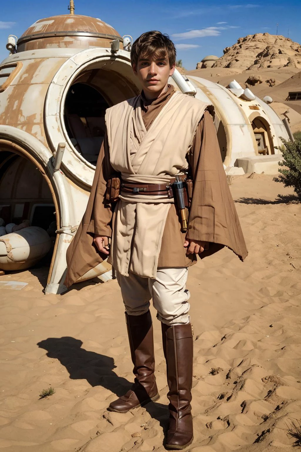 Tatooine, outside the Skywalker home, RenoGold is in jedioutfit, masterpiece, (((full body portrait))) , wide angle   
