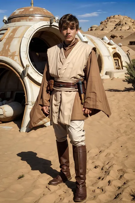 Tatooine, outside the Skywalker home, RenoGold is in jedioutfit, masterpiece, (((full body portrait))) , wide angle   <lora:Reno...