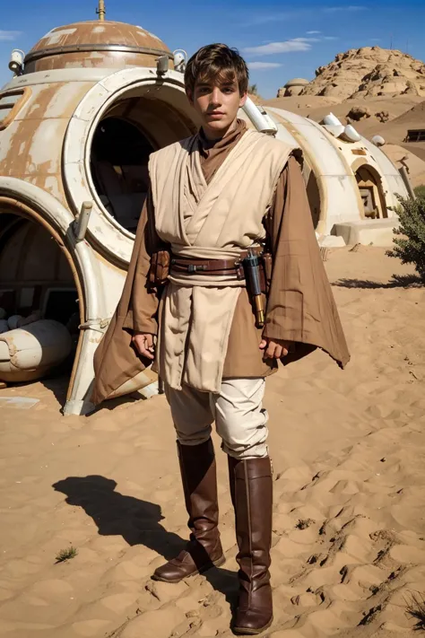 a man in a costume standing in the sand in front of a star wars vehicle