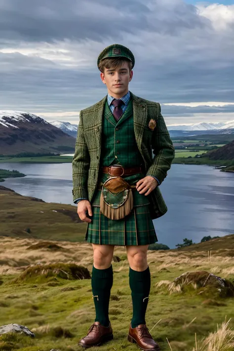 standing on a hill in the Scottish Highlands, a valley with a loch below in the background, (RenoGold) is dressed in a green plaid kilt, kilt shirt, sporran, long highland socks, plaid socks, Ghillie shoes, (GS-Masculine:1), masterpiece, (((full body portrait))) , wide angle  <lora:RenoGold-000007:0.8>