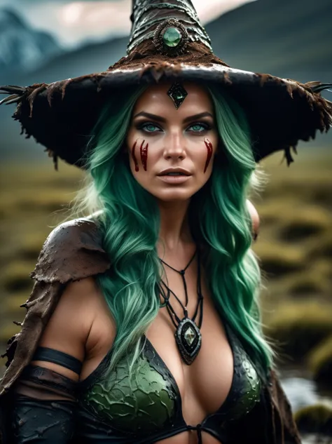 cinematic photo,
sexy woman Supermodel,  big breasts, (Mint green hair hair:1.2) witch, silver intricate clothes, witch hat, (((...