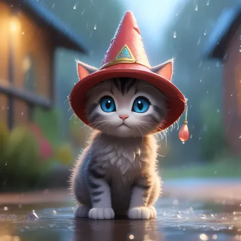 (outdoor, strong rain, puddles, reflections, wet textures, rain drops near camera)
(small kitten, innocent eyes, wizard's hat, s...