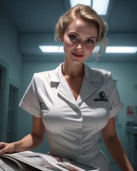 highly detailed, 4k, slutty nurse, wearing a tight intricate (nurse uniform, blouse, skirt:1.2), in a haunted hospital, intense ...