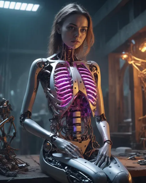 highly detailed, 4k, beautiful girl lifting her shirt to reveal cyborg ribcage, sitting on a scifi workbench, hollow android tor...