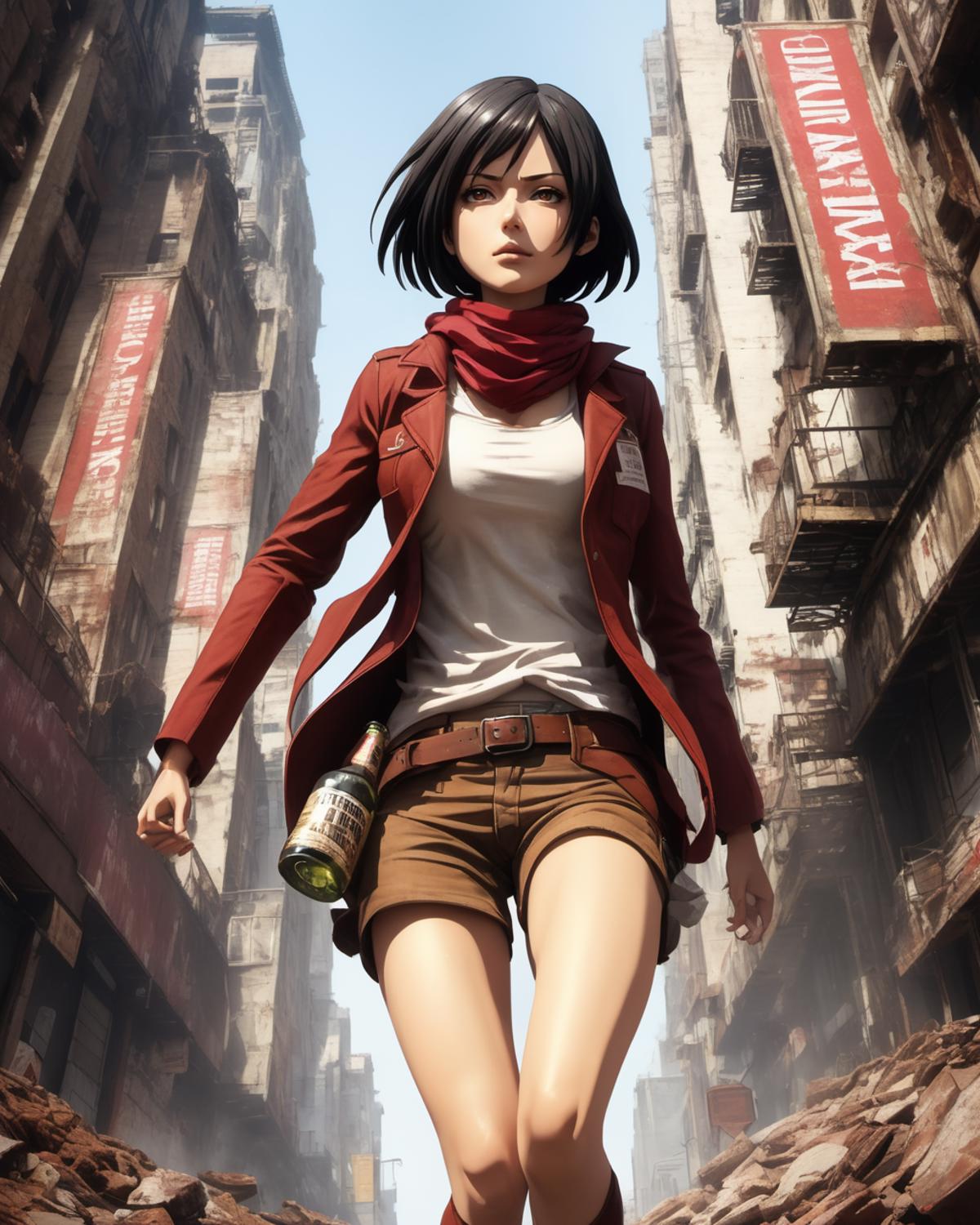 A woman in a red jacket and brown shorts walking through a city - SeaArt AI