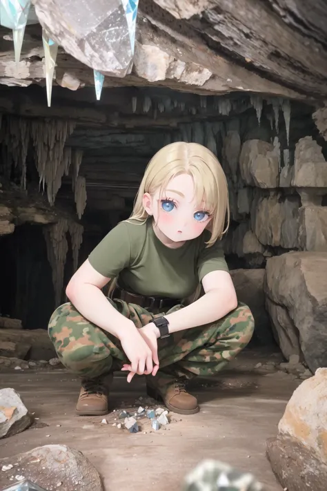 bootsnutes, shirt tucked in, green shirt, t-shirt, camouflage pants, black belt, belt buckle, 1girl, squatting, (cave interior:1.2), rock, crystal, looking at viewer, blue eyes