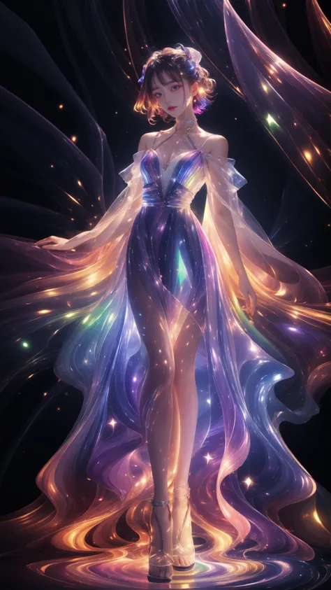 masterpiece, best quality,highres, 1girlï¼stars in the eyes, opalescence dress, white dress,  holographic plastic, liuli2,chrom...