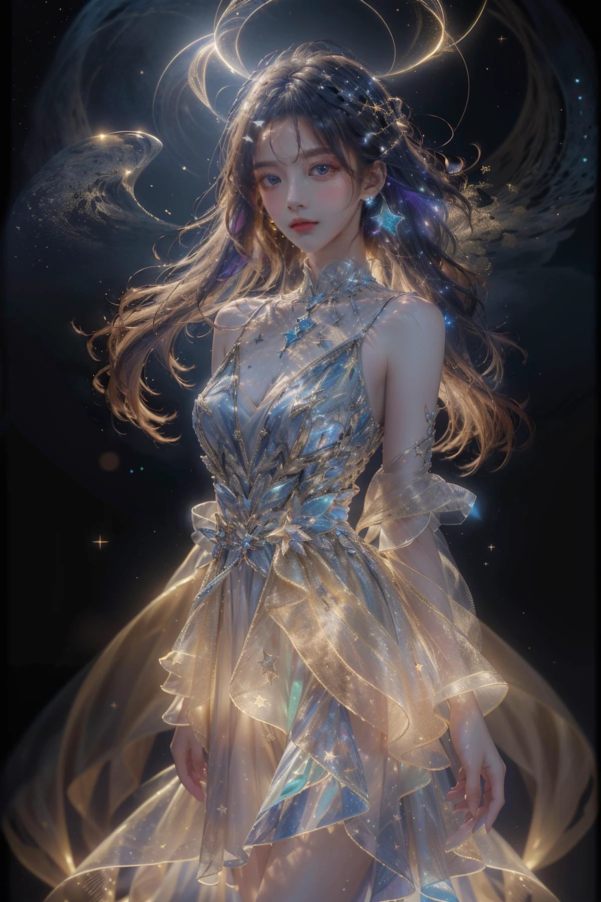 masterpiece, best quality,highres, 1girl, long_hair, stars in the eyes, messy floating hair, colored inner hair, Starry sky adorns hair, tullece, see_through, (((glistening light))), (Luminous), detailed shadow, meteor,fanxing, stars in dress, tuxedo, 