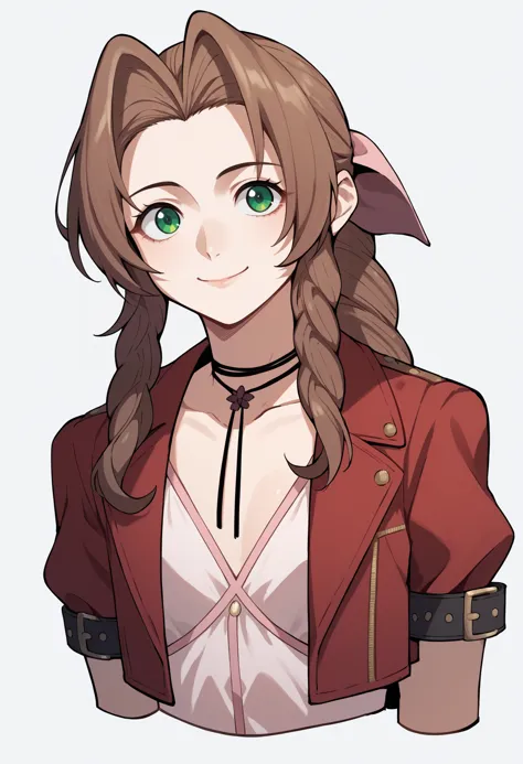 score_9, score_8_up, score_7_up, score_6_up, score_5_up, score_4_up, BREAK, source_anime,
1girl, aerith gainsborough, brown hair, braid, long hair, green eyes,  hair ribbon, red jacket, cropped jacket, bow, choker, long pink dress,  pink bow,
arms behind back, smile, upper body, looking at viewer, solo, simple background, white background   <lora:AerithXL:1>