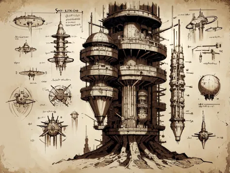 davincitech, science-fiction, (chef-d&#39;œuvre, Meilleure qualité, Réaliste, détaillé, Croustillant:1.2), (sépia, Monochromes:1.1), (Texte), Croquis du Nécronomicon, (page d&#39;un vieux livre, (schémas d&#39;ascenseur spatial:1.1)), ombres lourdes, par Léonard de Vinci