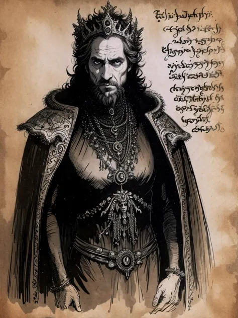 ancient king in rich clothes, 30 years old european man, <lora:Necronomicon:0.7> Necronomicon Sketch