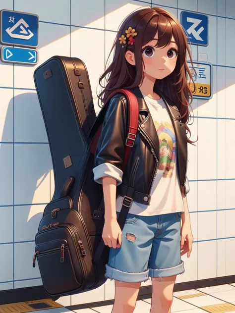 anime girl with guitar case and backpack standing in front of a wall