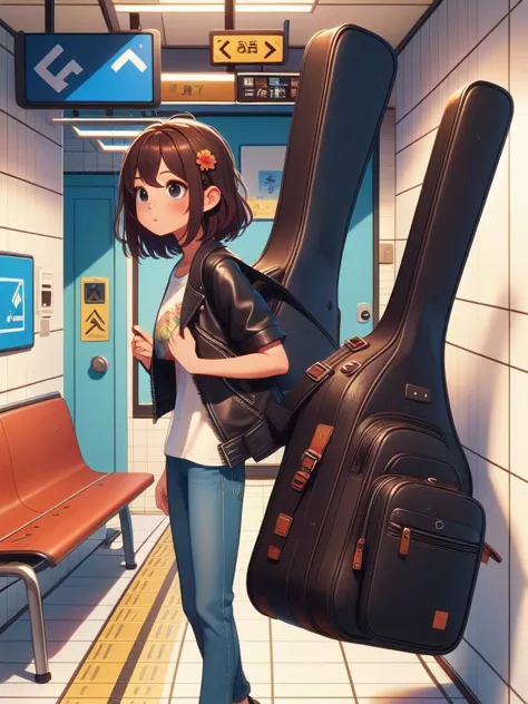 (masterpiece, best quality, detailed:1.5),  <lora:girllikeguitarcase:1.0> carrying a guitar case on behind,  T-shirt, black leat...