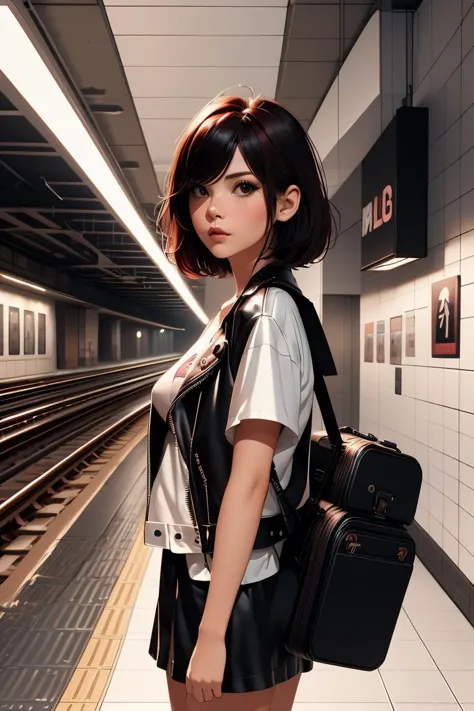 (masterpiece, best quality), 1girl,  Dark red Classic Ivy League Haircut with, Size E breasts,  <lora:girllikeguitarcase:1> carrying a guitar case on behind,  T-shirt, black leather jacket, white tile wall, navigation sign, mrt platform