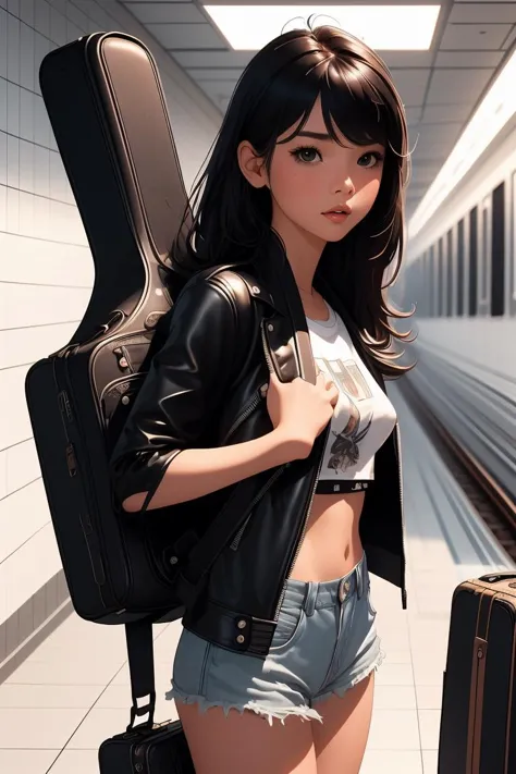 anime girl with guitar case and suitcase in subway station