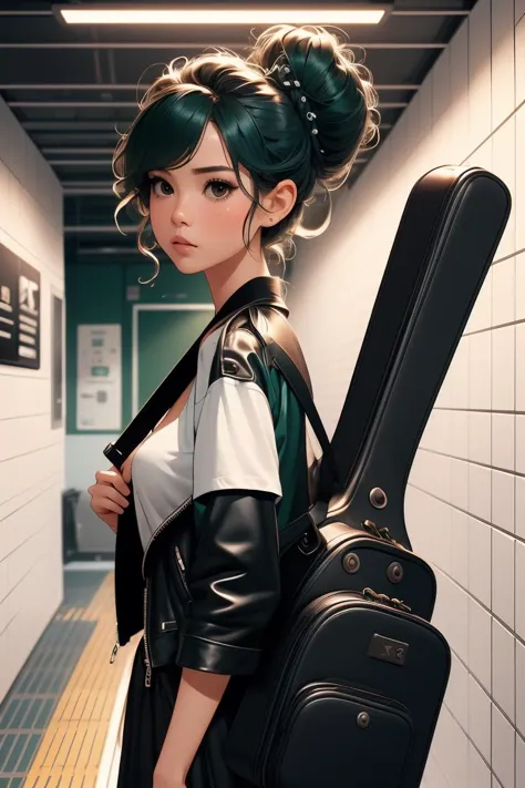 a woman with green hair and a backpack is standing in a hallway