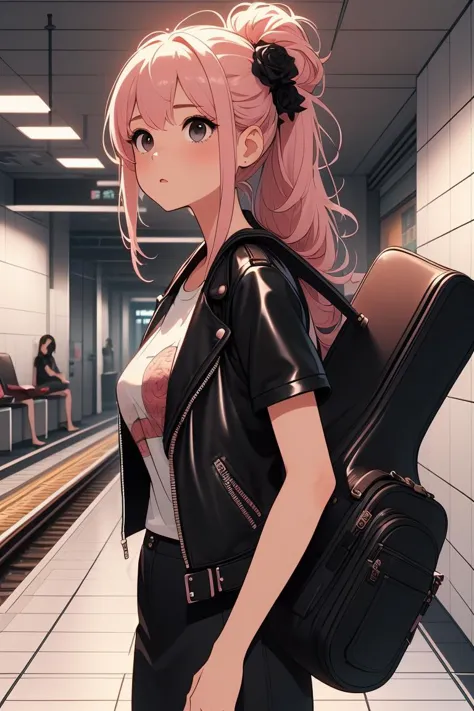 (masterpiece, best quality), 1girl,  Rose pink Spiky Top with Tapered Sides, Size A breasts,  <lora:girllikeguitarcase:1> carrying a guitar case on behind,  T-shirt, black leather jacket, white tile wall, navigation sign, mrt platform