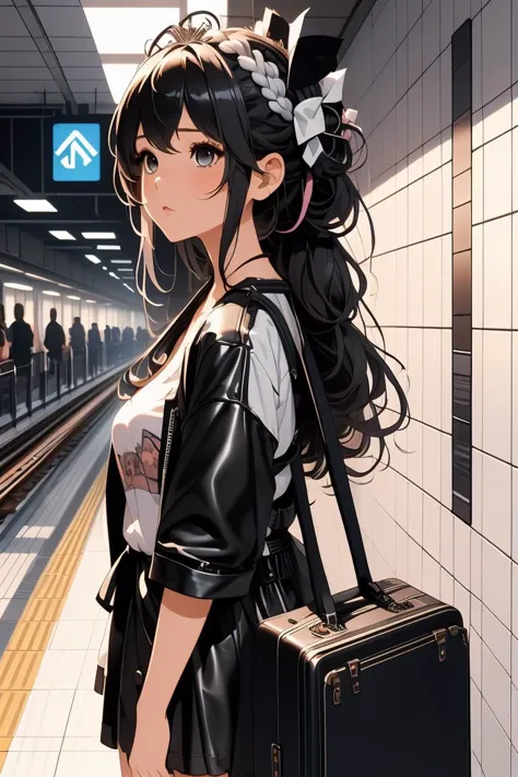 anime girl with black hair and a black suitcase in a subway station