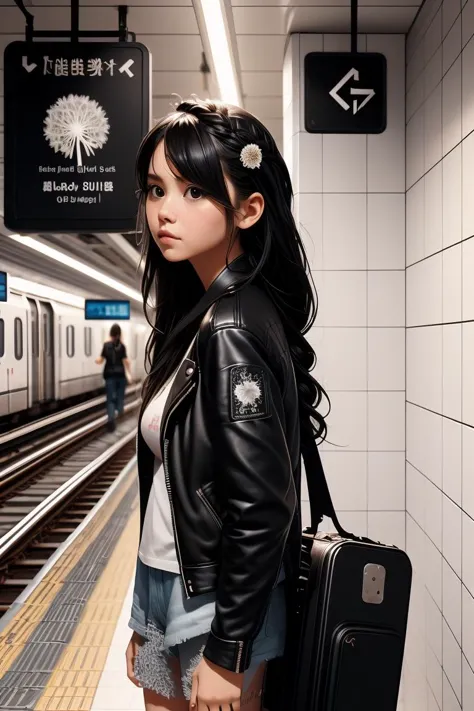 there is a woman standing in a subway station with a suitcase