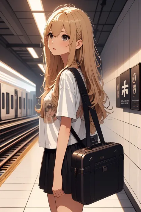 (masterpiece, best quality), 1girl,  Dirty Blonde Voluminous Blowout, medium breasts,  <lora:girllikeguitarcase:1> carrying a guitar case on behind,  T-shirt, black leather jacket, white tile wall, navigation sign, mrt platform