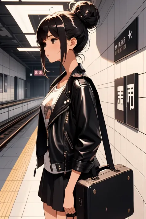 anime girl with black hair and a black leather jacket holding a suitcase