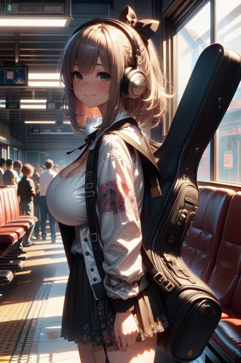 (volumetric lighting, Highres), (Detailed Illustration), Ultra-Detailed, masterpiece, best quality, nsfw,  highly detailed background, busy train full of people, from side, (carrying a guitar case on behind:1.15), fashion pattern T-shirt,  jacket, navigati...