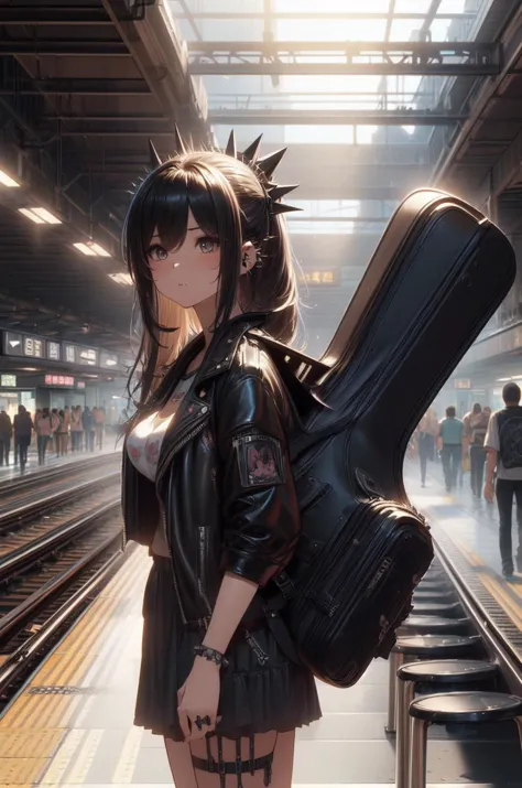 anime girl with guitar case standing in a train station