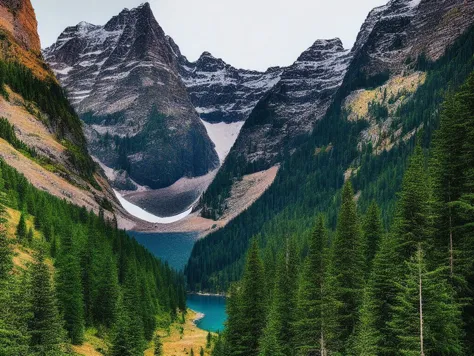 a view of a mountain range with a lake and a forest