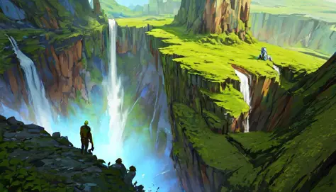 Conceptart,Concept Art,SamWho,mksks style, green moss, species, overlooking chasm, waterfall