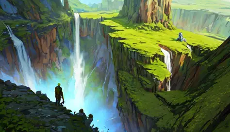 Conceptart,Arte conceptual,SamQuien,estilo mksks, musgo verde, especies, con vistas al abismo, cascada