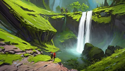 Conceptart,Arte conceptual,SamQuien,estilo mksks, musgo verde, especies, con vistas al abismo, cascada