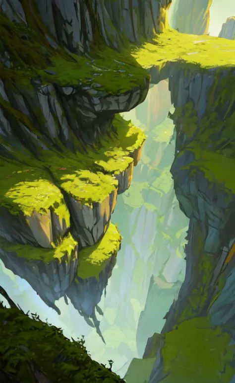 Conceptart,Concept Art,SamWho,mksks style, green moss, species, overlooking chasm