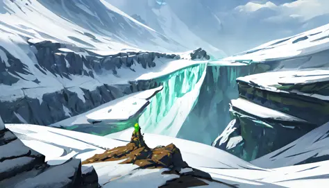 conceptart,concept art,samwho,mksks style, green moss, species, overlooking chasm, mountains, ice