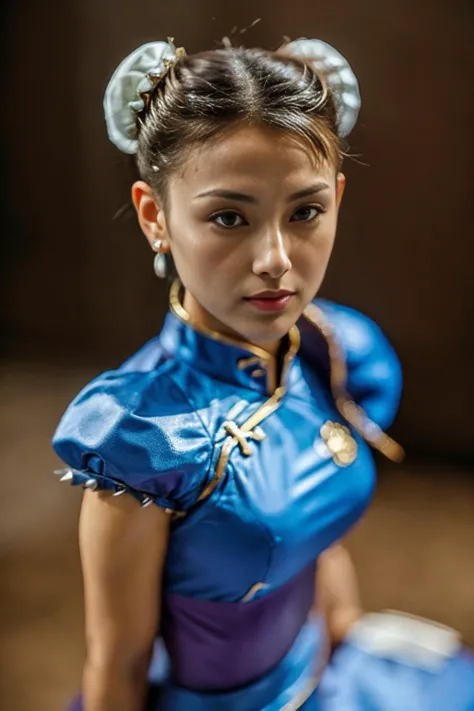 a close up of a young girl in a blue dress with a blue bag