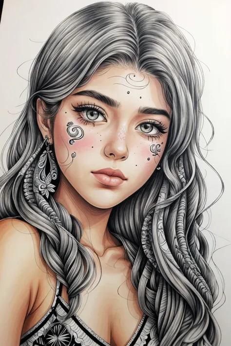 a drawing of a girl with long hair and tattoos