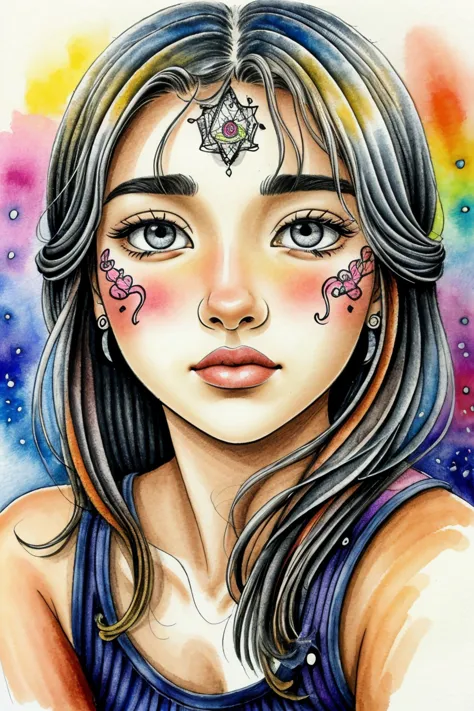 a watercolor painting of a girl with a face tattoo