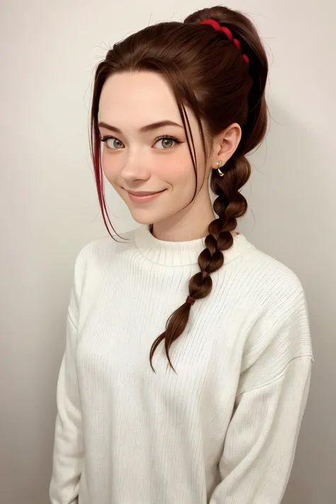 a woman with a red ribbon in her hair and a white sweater