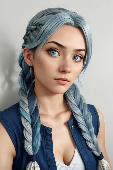 (trompe-l'oeil style, illusion, realistic, highly detailed:1.15), <lora:sd15_Nichameleon_v1:.9> Nichameleon, focus on eyes, close up on face, light steel blue color hair styled zigzag braid, vignette