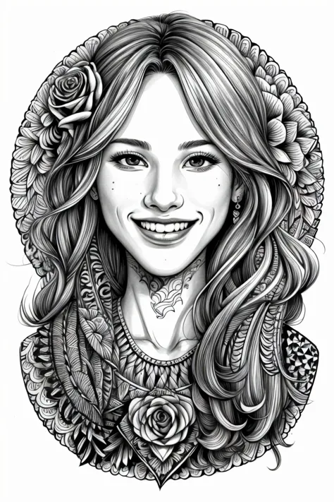 a drawing of a woman with long hair and a rose in her hair