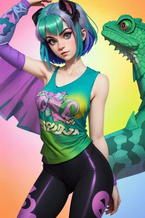 photo of <lora:sd15_Nichameleon_v1:.9> Nichameleon, tshirt, leggings, chameleon on her shoulder