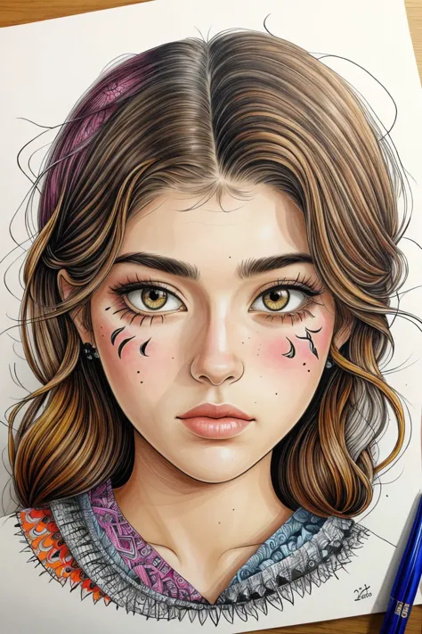 a drawing of a girl with a face painted with colored pencils