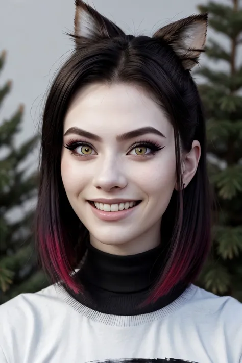 a close up of a woman with a cat ear and a white shirt