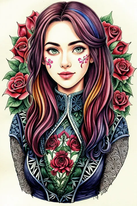 a drawing of a woman with roses on her face