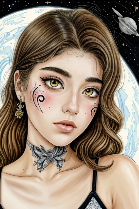 a drawing of a woman with a face painted with a moon