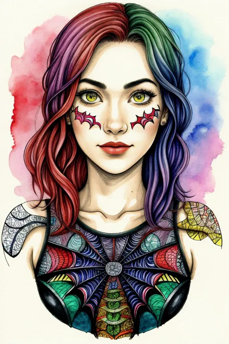 a drawing of a woman with colorful hair and a butterfly on her face