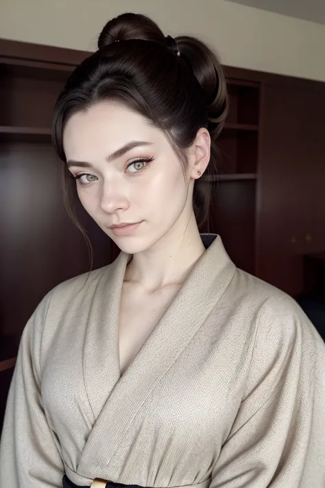 arafed woman in a kimono with a black belt and a brown shirt