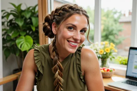 man, randomeage, english, olive skin, green eyes, ruffled tank and cropped trousers,  dutch braid hairstyle, depth of field, gri...