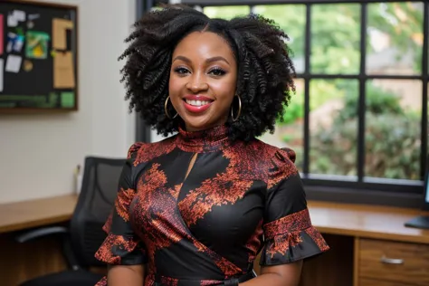 man, 25 years old, Irish, Cocoa Skin, Amber eyes, large eyes, Midi Wrap Dress and Heeled Boots,  Afro hairstyle, depth of field, grin, looking at viewer, office, Inquisitive:1.2, solo,  Shushing with finger to lips, window, Plus-size, perfect skin, attractive, aesthetic, symmetrical, detailed, graduated depth of field, blurry, blurry background, blurry foreground, realistic, safe for work,