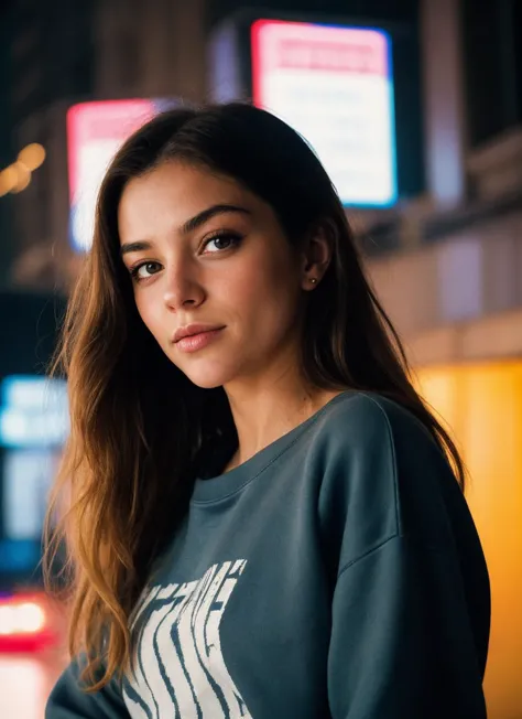 portrait of stunning french girl, wearing crewneck sweatshirt, at the digital metropolis within the cybernetic frontier, film st...