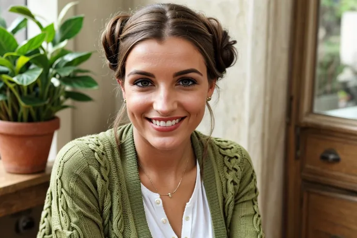 woman, kurdish, olive skin, green eyes, knit cardigan and midi slip dress,  victory rolls hairstyle, depth of field, grin, looki...